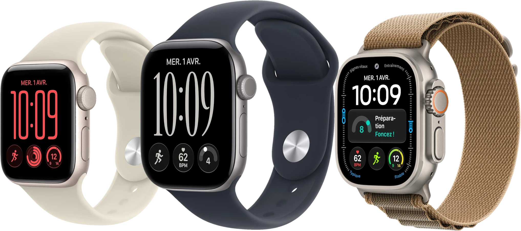 L'Apple Watch SE 3, l'Apple Watch Series 12 et l'Apple Watch Ultra 4, côte à côte