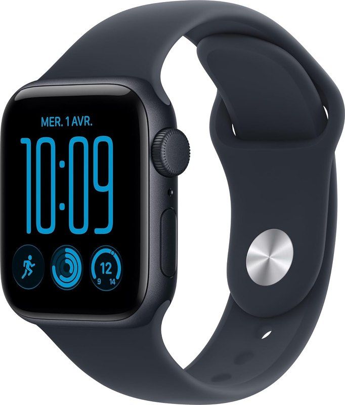 L'Apple Watch SE 3, boîtier minuit et bracelet sport bleu marine