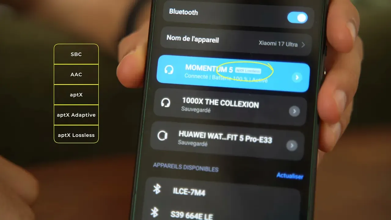 Les réglages Bluetooth du Xiaomi 17 Ultra : le Momentum 5 connecté en aptX Lossless