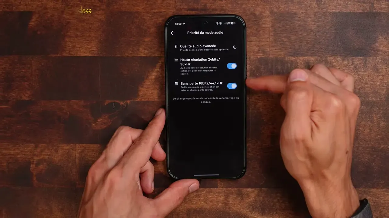 L’écran « Priorité du mode audio » de l’application, avec les réglages haute résolution et sans perte activés