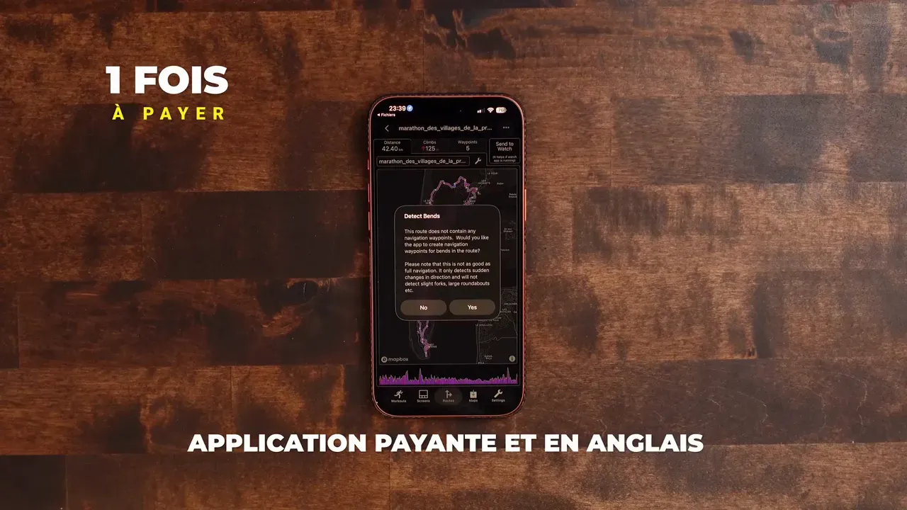 WorkOutDoors sur un iPhone, avec le parcours GPX du marathon